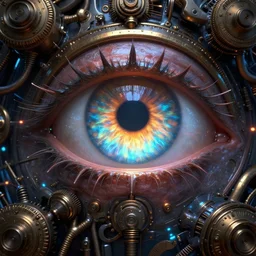mystical giant eye, anatomically correct, big brother is watching you vibes, mechanic, dystopian, intricate, ( ( ( abstract ) ) ), ( ( steampunk ) ), volumetric light, high details, perfect composition, hdr, cinematic, glow, neons, octane render, wlop, greg rutkowski, dan mumford, artgerm