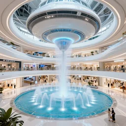 futuristic shopping mall with fountains and water inside a massive space station with overgrown lush gardens, ilm, beeple, star citizen halo, mass effect, 2001 space odyssey, elysium, warm saturated colours, atmospheric perspective, dramatic sunset, volumetric light scattering, dustlight, god rays, dust