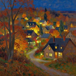 naive art autumn villlage, neon light, painting by gaston bussiere, craig mullins, j. c. leyendecker
