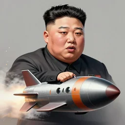 Kim Jong-Un riding a nuclear rocket, detailed face, high resolution, illustration, art