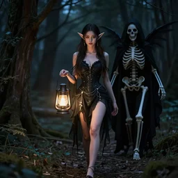 a photo of beautiful woman elf walks in night forest holding lantern in hands, hunted by dark fairy demon ghost of death black skeleton in cloak hood, perfect faces, 3 5 mm