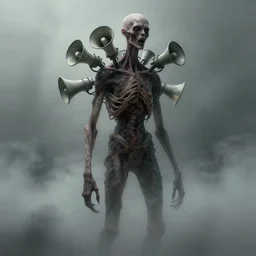 a very thin tall huge creepy humanoid without head and with several megaphones growing from the neck. character concept art, extremely high details, octane render, fog, horror, artstation contest winner, art by dariusz zawadzki, simon stalenhag. masterpiece