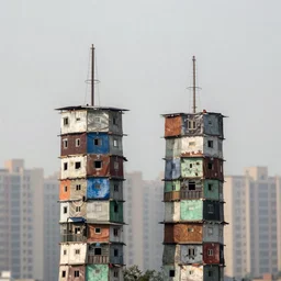 two towers, made up of stacked makeshift squatter shacks with faded colours, plain uniform sky at the back, misty, mamiya, shallow depth of field, ultra sharp, very detailed, photographed by julie blackmon, cristina de middel and john chiara