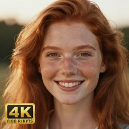 close up of redhead happy smiling girl.Freckles.Very Attractive ! Asthetics ! Art by William-Adolphe Bouguereau. During golden hour. Extremely detailed. Beautiful. 4K. Award winning.