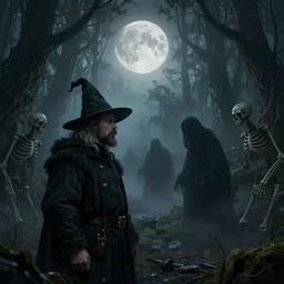 superb digital illustration of stalin as a witcher faces against spectres in the enchanted forest that hide in the fog, full moon, dreamy sequence, macabre spectacle, skeletal figures, solitude, uneasy, octane, unreal 5, cinematic, 8 k uhd, intricate detail, hyperrealist, dark fantasy mixed with socialist realism