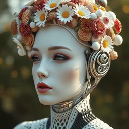 beautiful cyberpunk mechanoid woman portrait with a smooth porcelain ivory profile face, beautiful natural light, futuristic haute couture, iris van herpin, laser cut paper lace, headdress made of daisies, sponge corals, mushrooms, puffballs, white red rhizomorphs, cyberpunk metallic brackets, octane highly render, 8 k, ultra hd