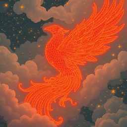 a victo ngai and geof darrow deco art work. a close up view of a phoenix in the fog and clouds. waves of stars. ultra clear detailed.