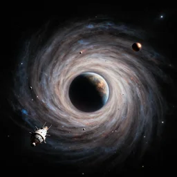 space debris from ancient space station and other space constructions revolving around black hole forming a tilted vortex in black starless space, dramatic light