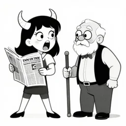 crazy womon, big eyes with horn yelling at old husband with walking stick, newspsper style black and white