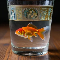 a goldfish swims in a crystal glass on a wooden floor, close up view, dramatic lighting, DOF, soft, sharp focus, art nouveau, intricate artwork by Raymond Swanland and Greg Rutkowski