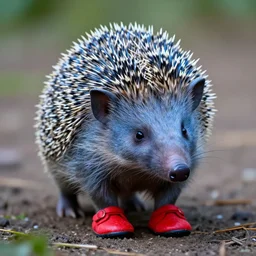 nature documentary footage of a blue hedgehog wearing little red shoes, natural habitat, hi - res still, beautiful lighting