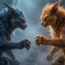 photorealistic fight of magical creatures , clear face , foggy, glowing effect, artstation, deviant, hyperreal, hyperdetailed, 8k, hd