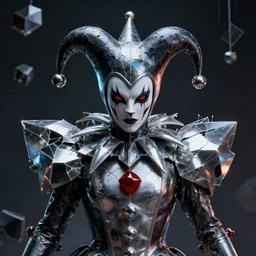 front shot of a court jester character ominous fractal hyper cubes platinum cracked dark future realistic holo fluid edges 8 k extraordinary detailed concept artstation sharp focus ray tracing cinematic masterpiece fine portrait