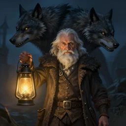 oldman with a lantern at night time, werewolf behind him, deep focus, d & d, fantasy, intricate, elegant, highly detailed, digital painting, artstation, concept art, matte, sharp focus, illustration, hearthstone, art by artgerm and greg rutkowski and alphonse mucha