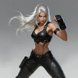 a highly detailed illustration of fierce platinum blonde woman wearing black mma gear, heroic fighting stance pose, intricate, elegant, highly detailed, centered, digital painting, artstation, concept art, smooth, sharp focus, league of legends concept art, wlop