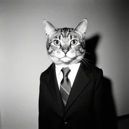 bruce gilden, photograph, subject is a cat wearing a business suit, leica s, kodachrome, gritty, flash photography, black and white