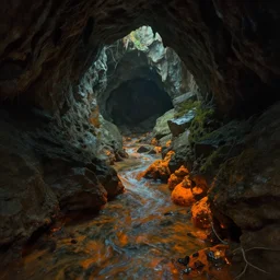 inside of a dark cave, small water stream, orange minerals, fantasy, art by greg rutkowski