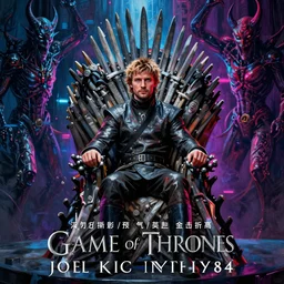 poster portrait of joel kinnaman in game of thrones ( 1 9 8 4 ) sitting on the iron throne of swords. artwork, 4 k digital art, neon, 8 0's style tomasz alen kopera, peter mohrbacher, donato giancola, ilya repin, drew struzan hyperrealistic oil painting, gothic ghost horror biomechanical hell demons, frank frazetta