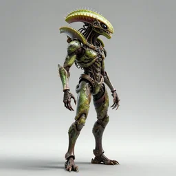 skin concept venus flytrap, full length profile portrait, full - length photo with upper and lower body, wide angle, alien, biopunk, plant predator, predator, teeth, many details, guyver style, 3 d, cinematic, hyper realism, high detail, octane render, art by hans giger