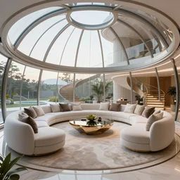 A futuristic living room in a glass dome with a big luxurious U-shape sofa and a luxurious table in the center, there is a curved wooden staircase in the back of the living room, professional interior design photograph, wide angle photograph, 8k resolution, hyper detailed