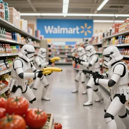 Walmart Grocery Store Inside, Cam view, star wars troops are having a ground battle in the store, using tomatoes, banana as weapons by the star wars troopers against star wars troopers, 40nm lens, shallow depth of field, split lighting, 4k,