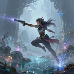 Long Shot of Aloy in misty mysterious astral temple  jumpin with pistol in river of chromatic SPIRITS , beautiful, dmt, trending on artstation, omnious, soft, artwork by Wong, Liam