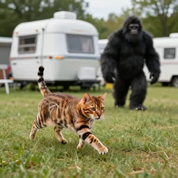 A bengal cat chasing away a Sasquatch at a trailer park in Ohio, photoreal