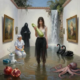 realistic painting of a flooded spanish art gallery in marbella, a tall emo girl, holding a courgette, paintings on walls, surgical equipment, surgical nurse, pomegranates, floodwaters, squid ink, the grim reaper, waterfall from the wall, black swans, octopus, sensual, puddles, zen, surrealist, by magritte and monet
