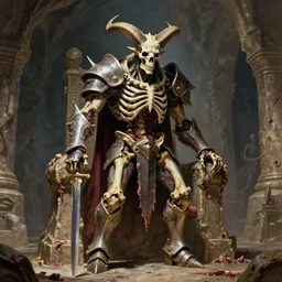 A spiked horned semiork-semihuman skeleton with armored joints stands in a large cavernous throne room with sword in hand. Massive shoulderplates and boots. Extremely high detail, realistic, fantasy art, solo, masterpiece, bones, ripped flesh, saturated colors, art by Zdzisław Beksiński, Arthur Rackham, Dariusz Zawadzki