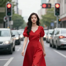 Beautiful, Attractive, Symmetrical, Perfect, Adorable, Romantic Woman in a Red Dress, Woman in light red clothing, walking through traffic approaching a redlight