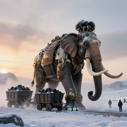 “photo color of one biomechanical/mechanical steampunk giant elephant/wagon/mamouth in an arctic storm with fog and blizzard, the mammoth drags old gigantic coal wagons with snow, it's a sunset photo with cold tones, some people around ”