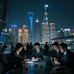 chinese space program general and his assistants with the futuristic shanghai skyline in the background, busy, dark, cyberpunk, moody, ambient lighting, syd mead
