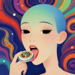 a colorful vibrant closeup portrait of a simple half human half alien licking a tab of LSD acid on his tongue and dreaming psychedelic hallucinations, by kawase hasui, moebius, Edward Hopper and James Gilleard, Zdzislaw Beksinski, Steven Outram colorful flat surreal design, hd, 8k, artstation