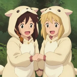 one blonde, one brown haired excited and happy anime girls in animal themed onesies holding hands looking at us, anime illustrated, digital art, cute, detailed faces, well drawn faces, cute faces, hand drawn, in the style of hidehiko sakamura, in the style of hayao miyazaki
