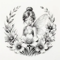 a portrait of a flower fairy surrounded by flowers, light charcoal drawing, black and white, ink and paper, portrait, trending on artstation, behance, deviantart, drawn by tom lovell, artgerm, jsc, j. scott campbell