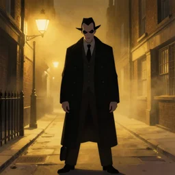 portrait of a villain at night, illustration, standing in a gaslit london alleyway, golden fog
