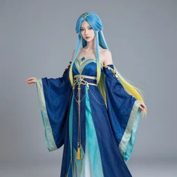 Sona is a slender, pale-skinned woman with long blue hair and yellow at the ends. Her robes is a long, elegant gown with a distinctive palette of blue, dark blue, turquoise and gold. The most characteristic ornaments of her attire are the golden diadem on her head between her hair.