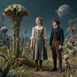 detailed, sharp, a girl and a boy standing next to some strange wild alien plants, wearing 1860s era clothes, their small pet tiny alien creature is standing nearby, in a park on a strange alien planet, award winning photograph, 4k, cinematic lighting