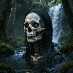 blender, render, woman, forest, darkness, perfect faces, skull, light, river, waterfall