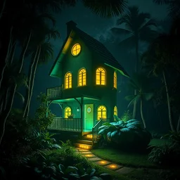 a three story glowing house made of a fancy boot in the dark jungle