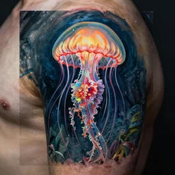 a beautiful jellyfish tattoo, painted by michaelangelo in oil, in the style of irakli nadar, deep mood, hyperrealism, epic and cinematic