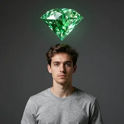 man with a green diamond floating above their head, portrait, photorealistic, 4 k, studio lighting