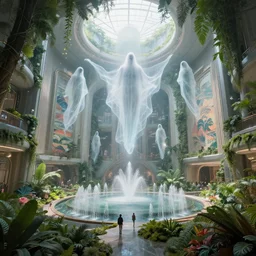 ethereal ghost floats, within interior futuristic expansive city hall solarpunk 2 0 7 7 wide angle highly detailed by santiago calatrava, foliage, fountains, wall art, levitating people, by saturno butto and wlod, captivating 8 k hdr, octane render godrays