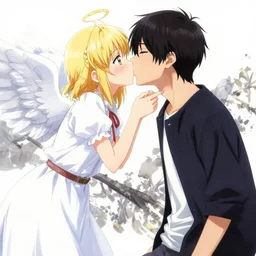 cell shaded, a cute anime girl angel kissing a anime boy, sharp and clean image, wlop, ilya kuvshinov, artgerm, krenz cushart, greg rutkowski, hiroaki samura, range murata, james jean, katsuhiro otomo, erik jones