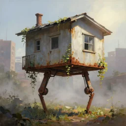 a walking house on mechanical legs, rust, vines, city in background, hyperrealistic, highly detailed, cinematic, single ray of sun, fog, beautiful, cgssociety, artstation, 8 k, oil painting