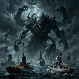 an ultradetailed illustration of cthulu destroying a fleet of ships, ominous and scary, dark thunderstorm, horror from beyond space and time, lovecrafting horror, intricate detail, cinematic, 8 k, volumetric lighting, octane render, art by jeong seon and hokusai