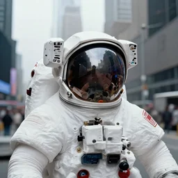 american white spacesuit astronaut with oversized helmet in postapocalyptic abandoned destroyed times square, telephoto, bokeh, overcast, fog upclose, by steve mccurry, by nasa