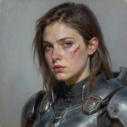 epic portrait of a woman with a large obvious scar across her cheek from ear to lips, wearing femshep mass effect armor, Alexandria's genesis, chin-length hair, bored, illustration, soft lighting, soft details, hyper realism, high detailed, painting oil on canvas by mark arian by artgerm, trending on artstation, 4k, 8k, HD
