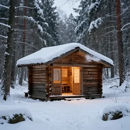 a wooden hut at a clearing in the woods, snowy, light inside the hut, realistic, epic composition, 4 k