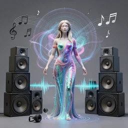 3 d goddess of music and 🔊 wide angle portrait with musical notes, bass speakers, tweeters, speaker stacks. music, wave frequencies, cymatics. auditory symbiogenesis, synaesthesia, polyphonic communication, pulse projections, plasma, creature, artwork by tooth wu and android jones wlop and android jones and beeple and greg rutkowski